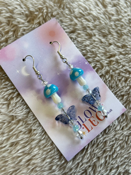 Blue Butterfly & Mushroom Glass Earrings