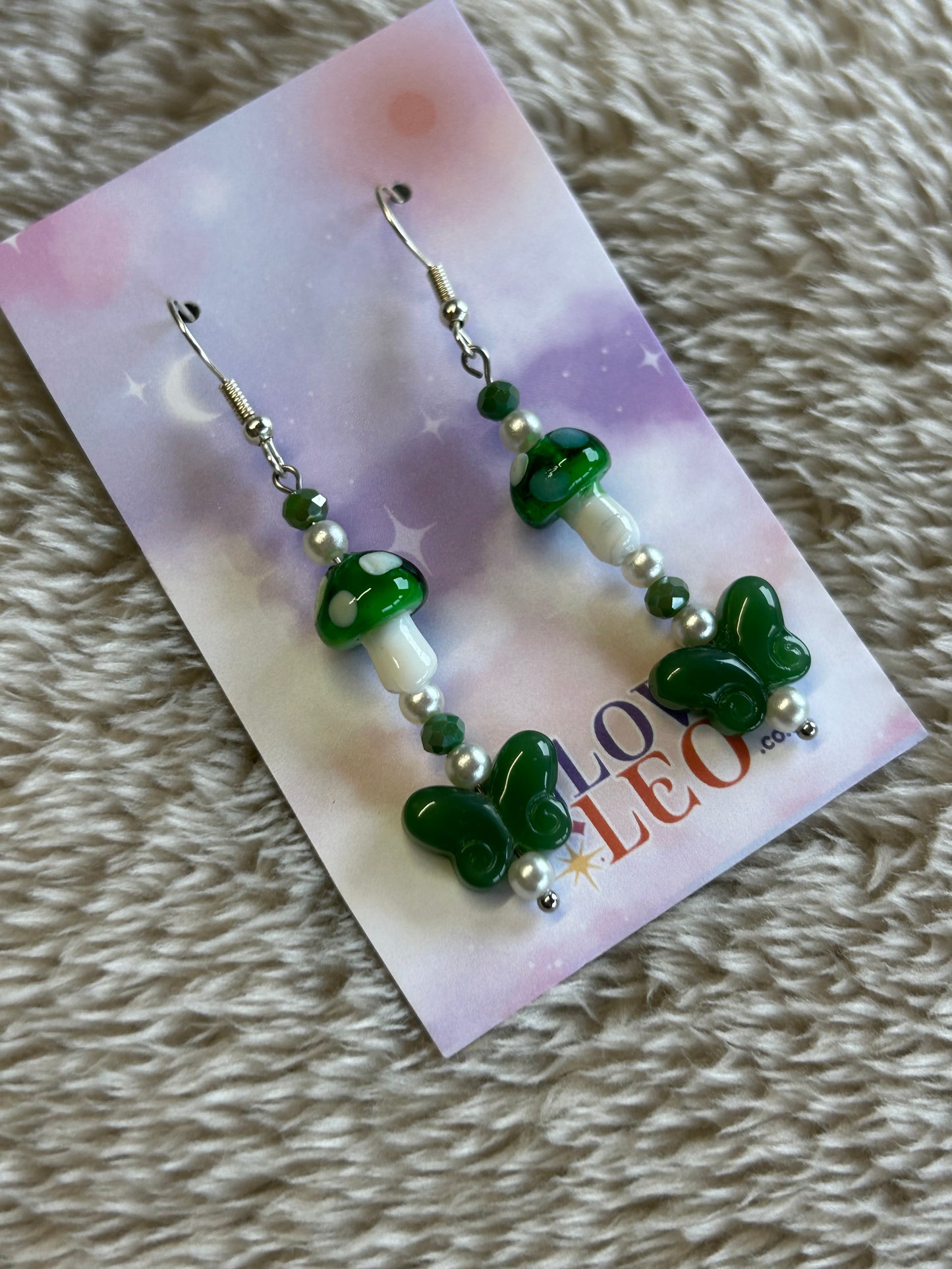 Green Mushroom & Butterfly Glass Earrings
