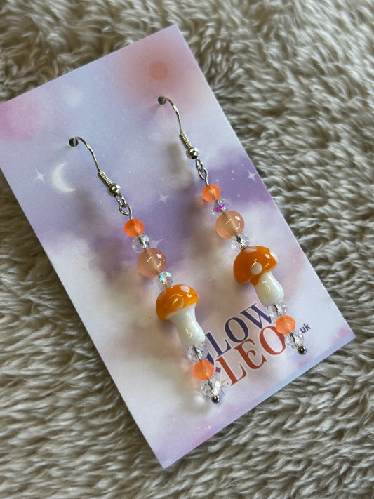 Orange Glass Bead Mushroom Earrings