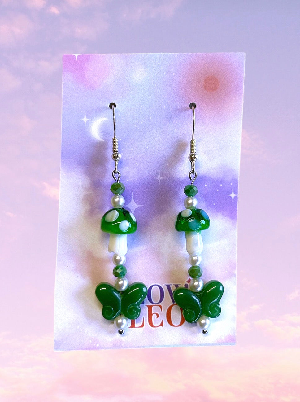 Green Glass Mushroom & Butterfly Earrings