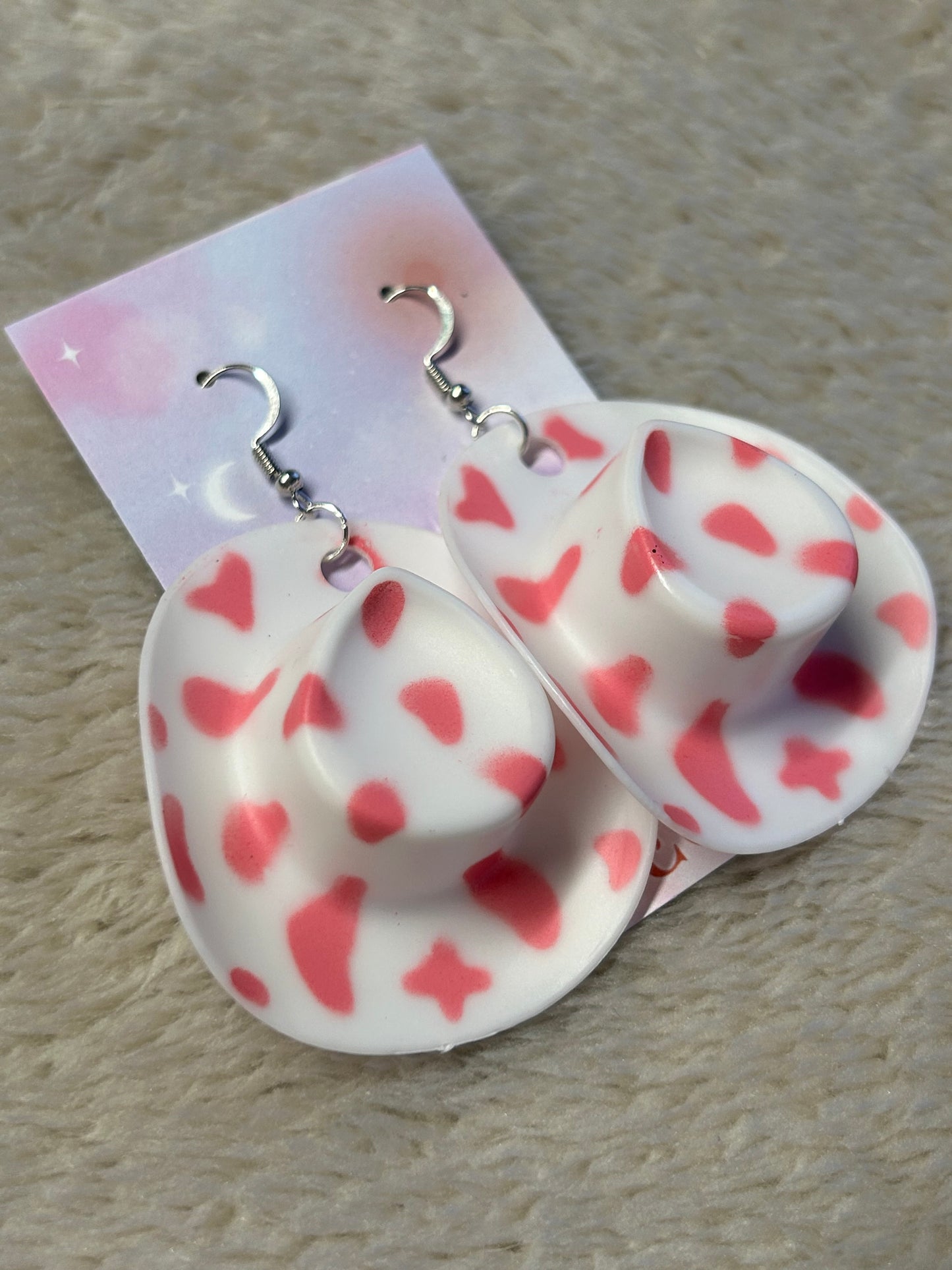 Pink Cow Print Cowgirl Hat Earrings