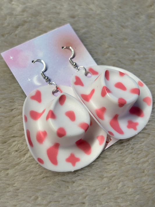 Pink Cow Print Cowgirl Hat Earrings