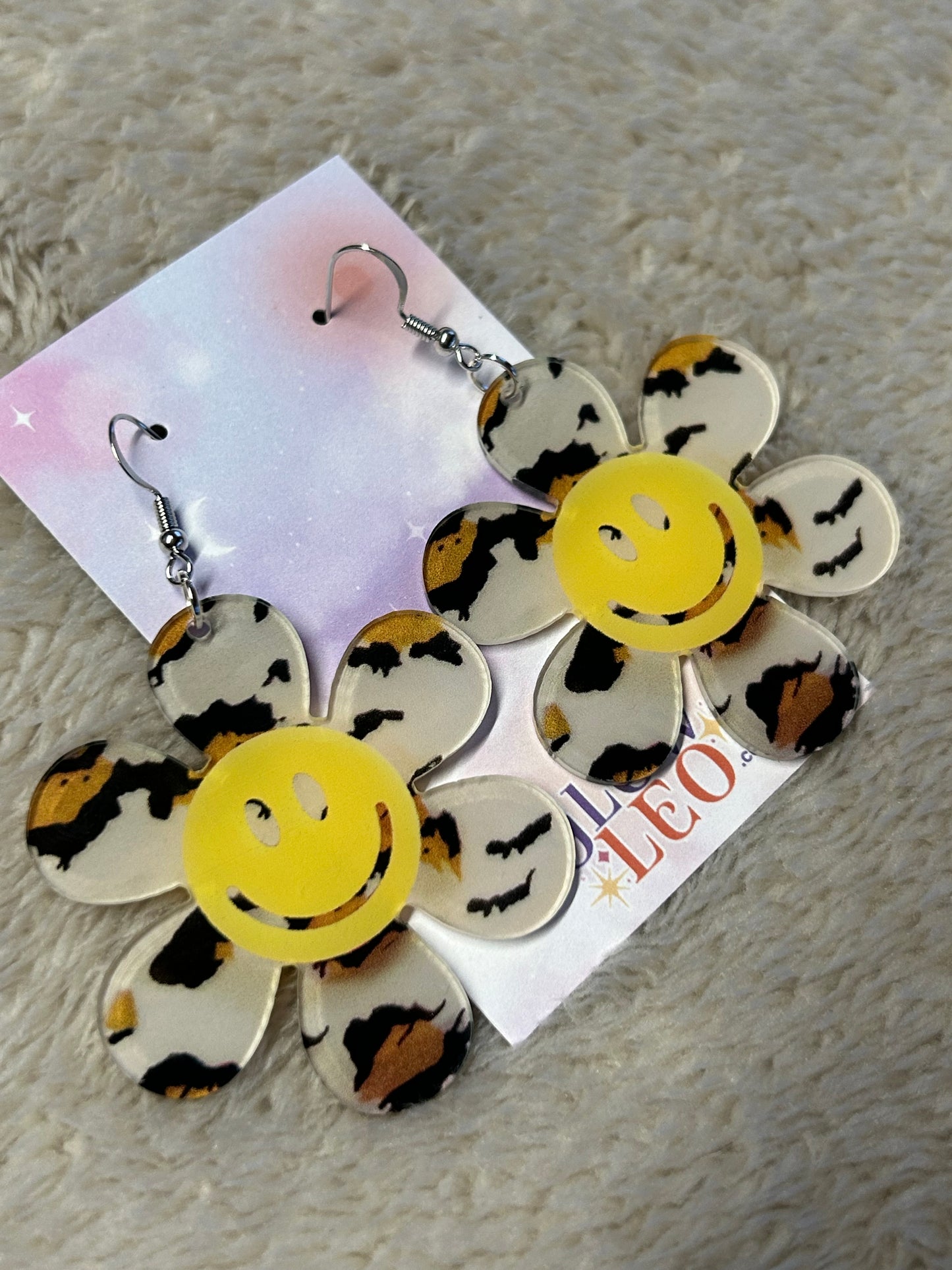 Leopard Smiley Flower Earrings