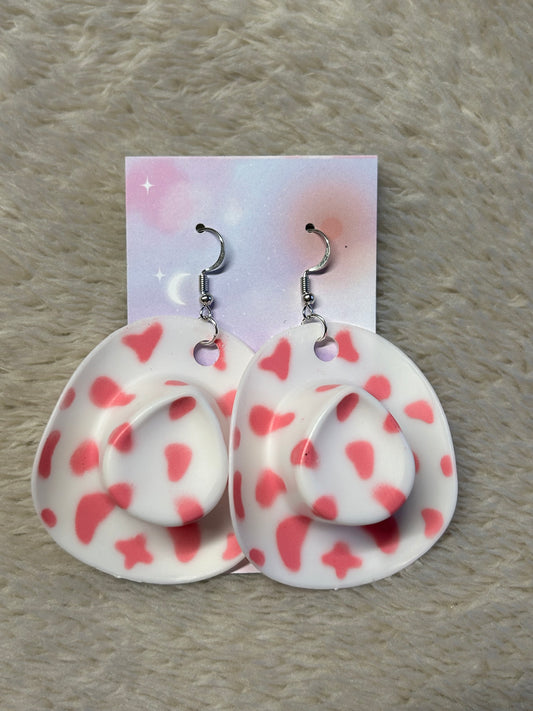 Pink Cow Print Cowgirl Hat Earrings