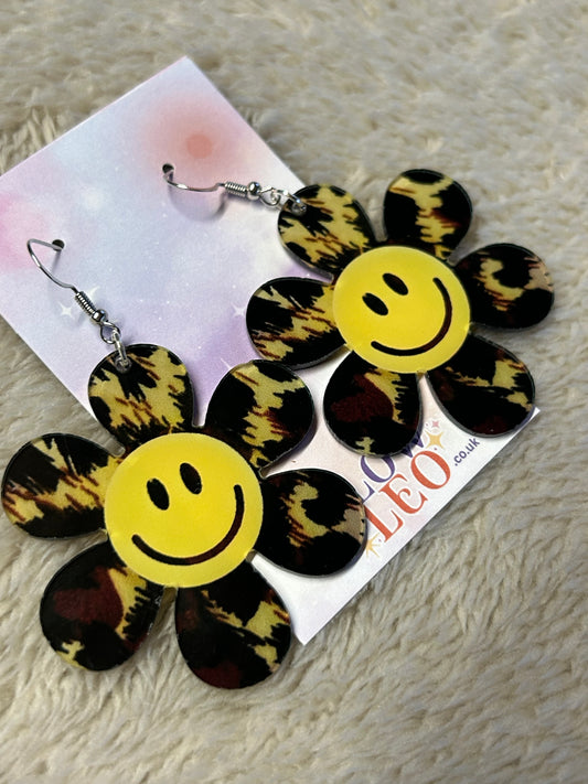 Cheetah Smiley Flower Earrings