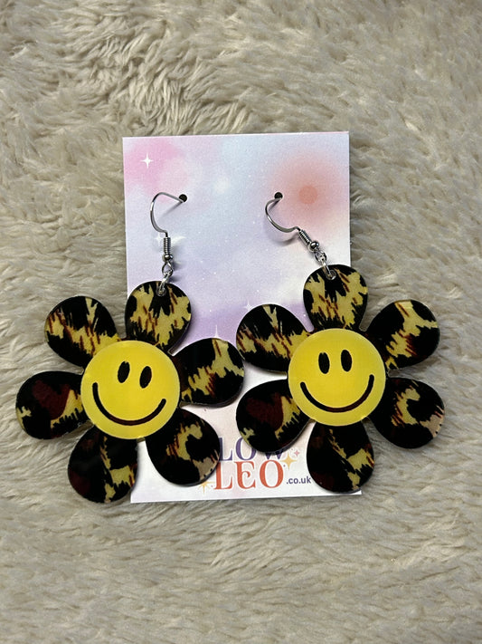 Cheetah Smiley Flower Earrings
