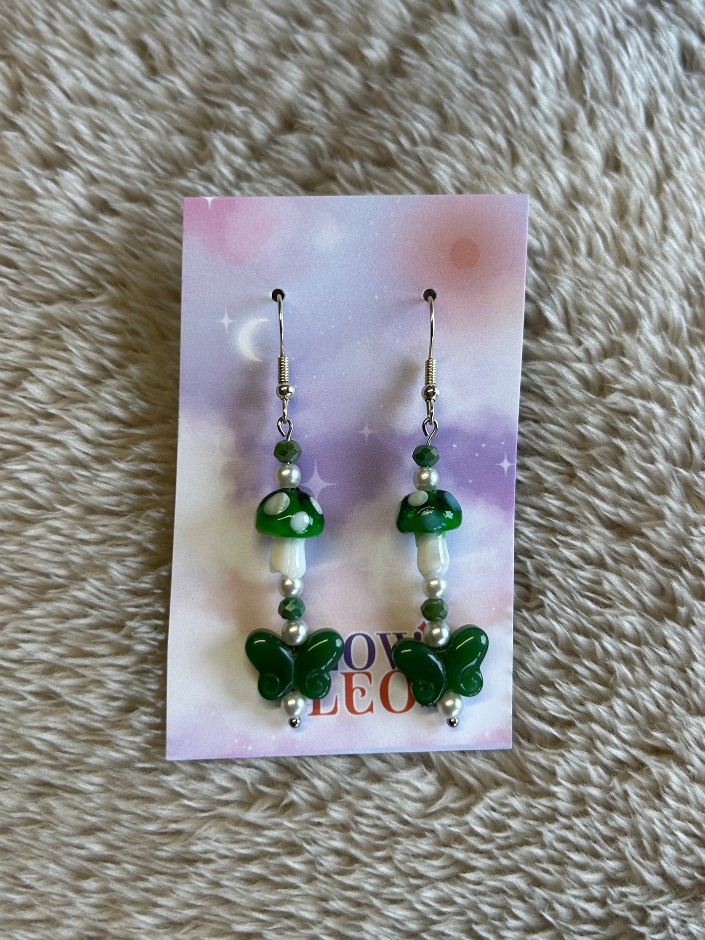 Green Mushroom & Butterfly Glass Earrings