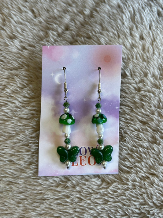Green Mushroom & Butterfly Glass Earrings