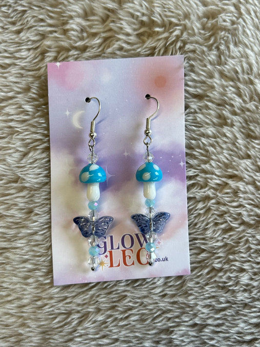 Blue Butterfly & Mushroom Glass Earrings