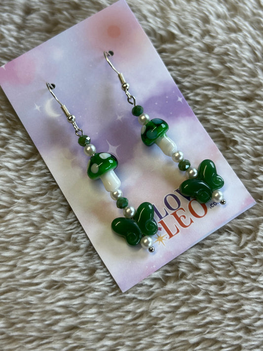 Green Mushroom & Butterfly Glass Earrings