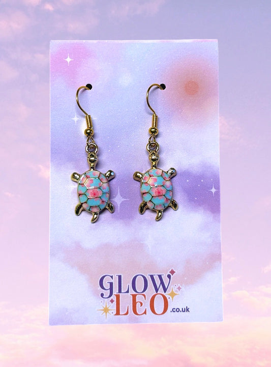 Blue Floral Turtle Earrings
