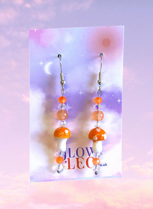 Orange Glass Bead Mushroom Earrings