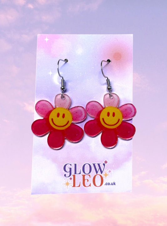 Pink Smiley Flower Earrings
