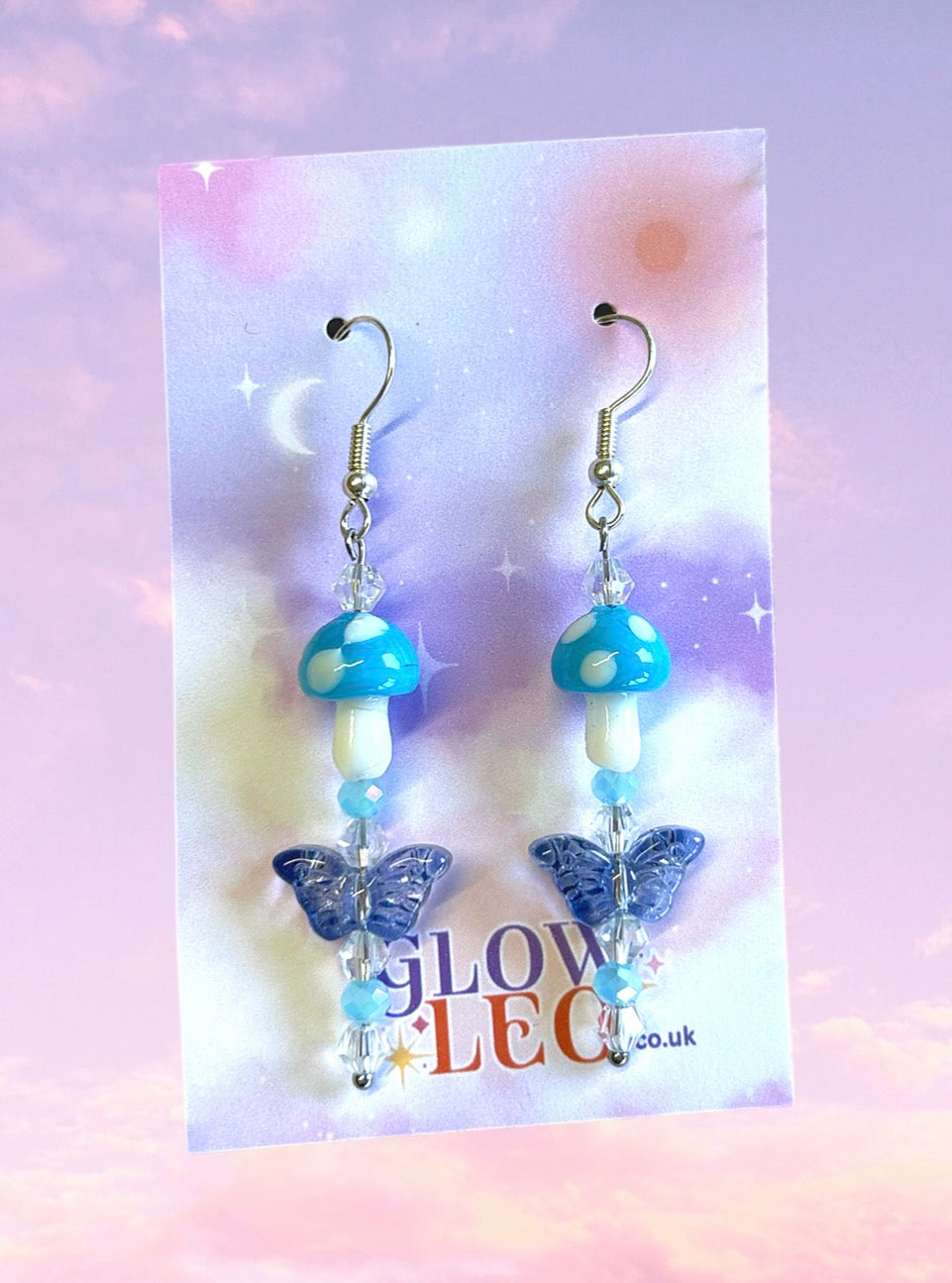 Blue Butterfly & Mushroom Glass Earrings