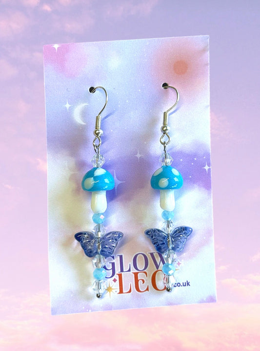 Blue Butterfly & Mushroom Glass Earrings