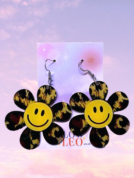 Cheetah Smiley Flower Earrings