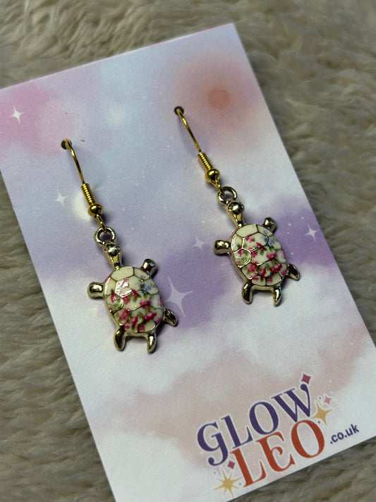 White Floral Turtle Earrings
